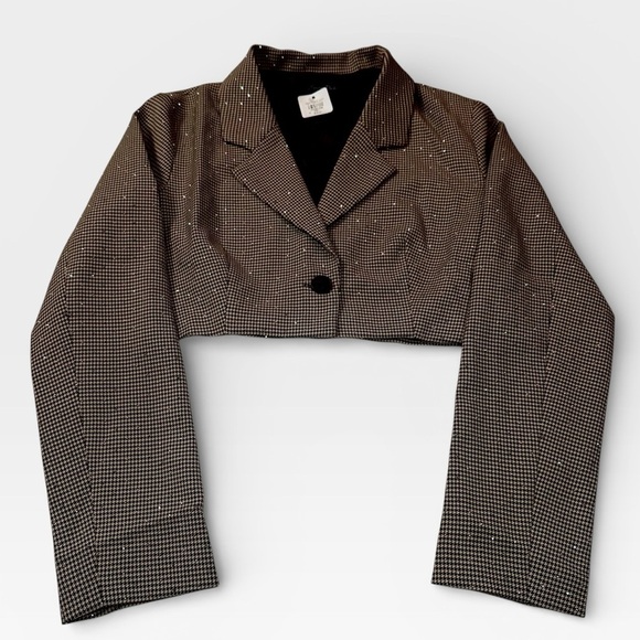 Emory Park Brown Tan Neutral Plaid Cropped Bedazzled Blazer Jacket MEDIUM NWT - Picture 2 of 9